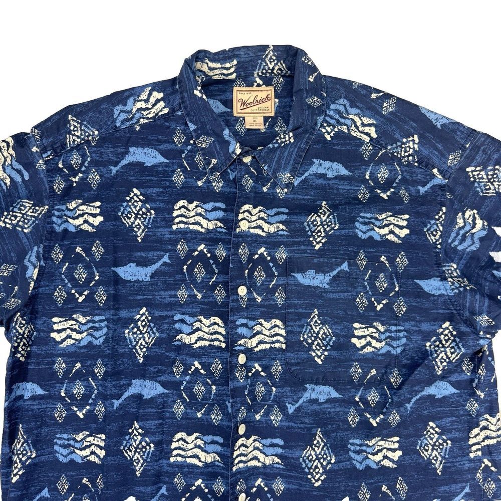 VINTAGE Woolrich Men XL Camp Hawaiian TShirt Dolphins Blue 100% Cotton‎ USA